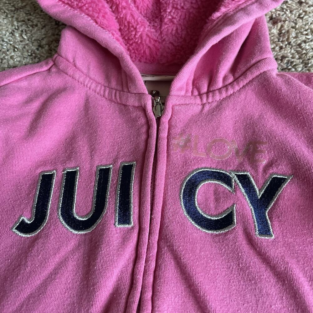 Juicy Couture Kids’ Pink Zip Up Hoodie Spellout Fuzzy Hood Size 6 Embroidered - Picture 4 of 15